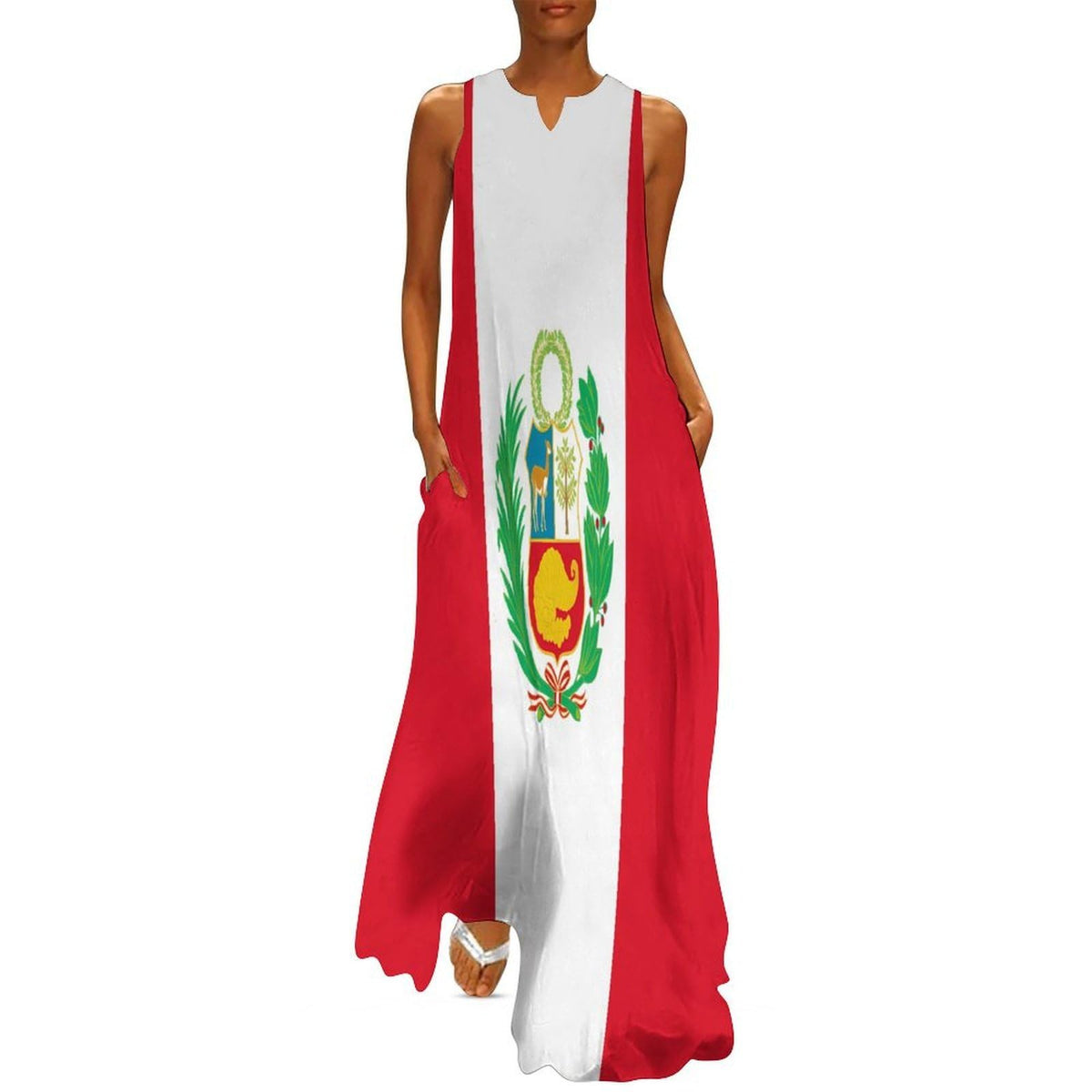 Robe longue maxi de cocktail ample et unie, sans manches, à col en V, avec poches, ornée du drapeau de l'État du Pérou
