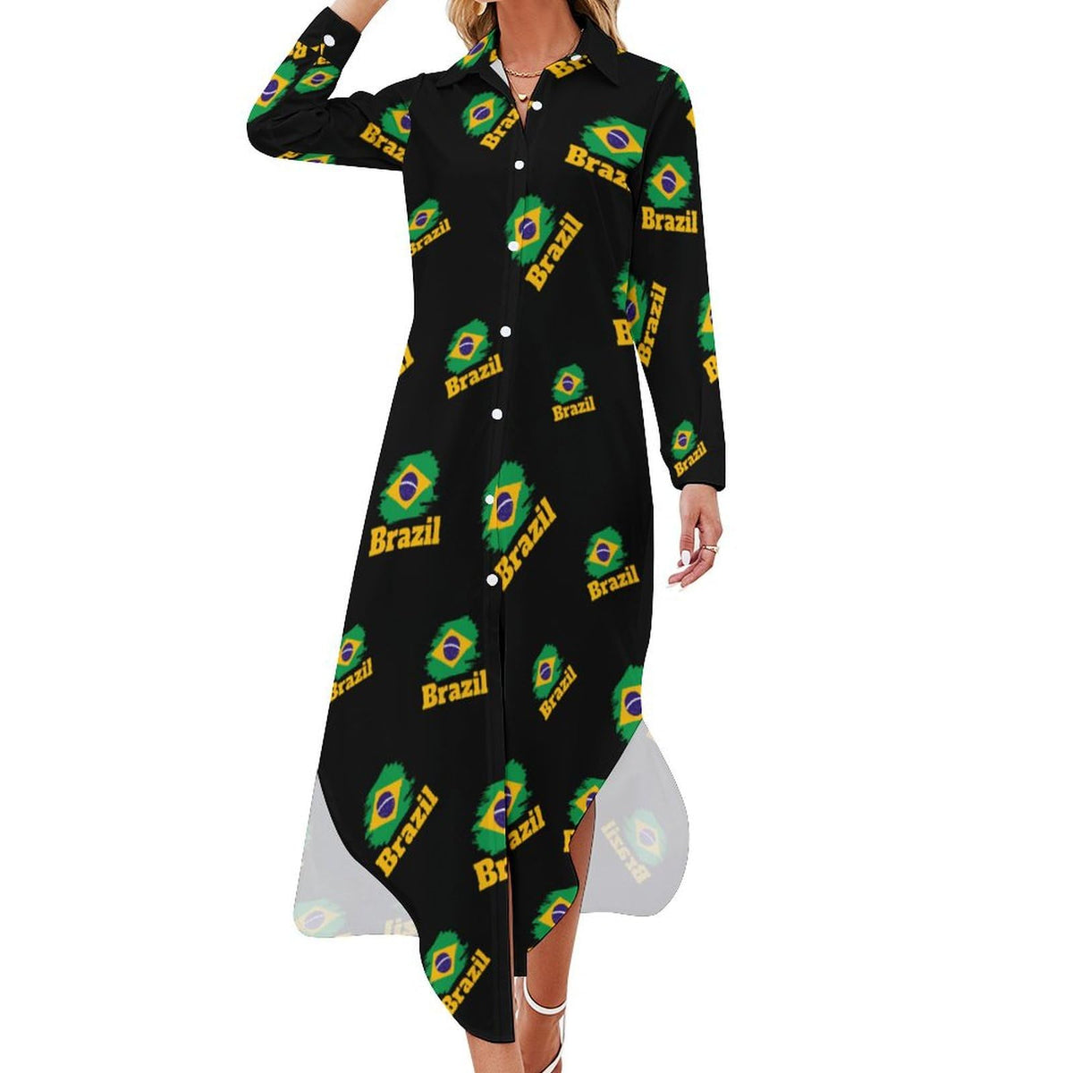 Robe-chemise fantaisie pour femme avec drapeau brésilien, boutonnée, manches longues et fendue, robe maxi