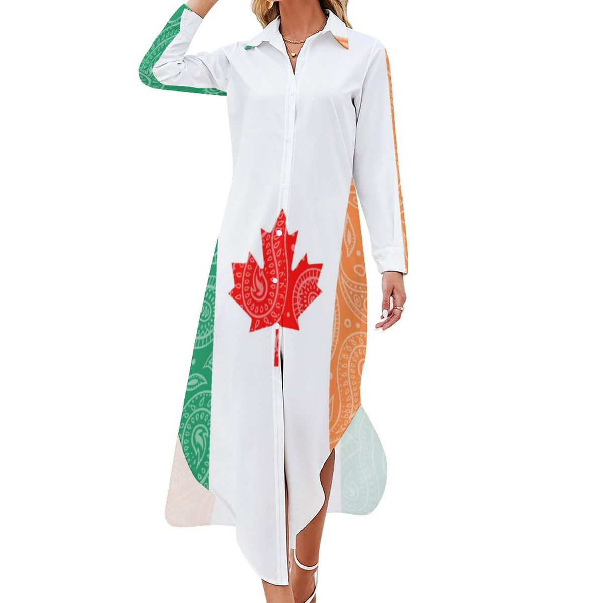 Robe-chemise fantaisie pour femme, motif cachemire et drapeau du Canada et de l'Irlande, boutonnée, manches longues, fendue, maxi