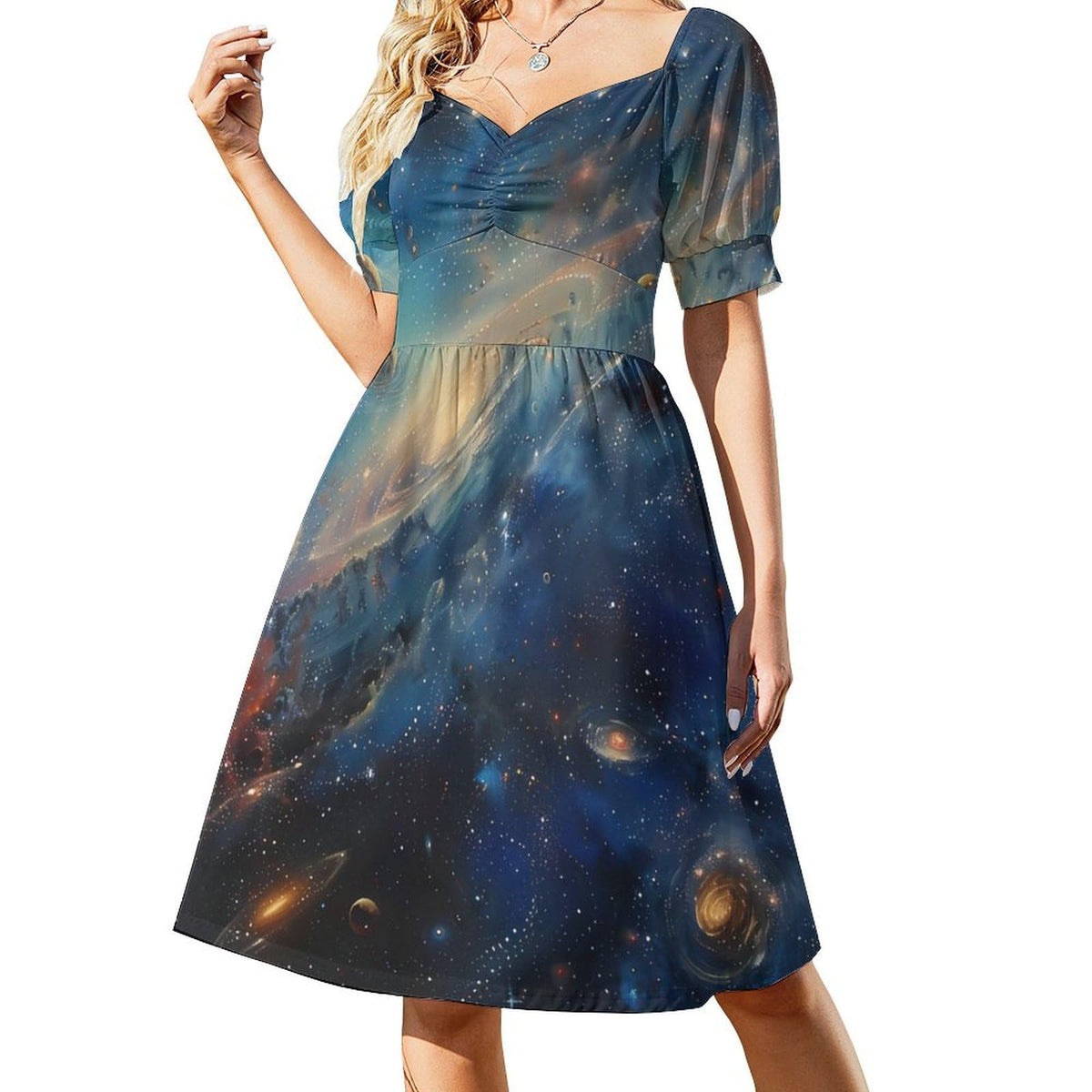 Robe d'été à manches courtes pour femme, motif espace et univers, col en V, coupe trapèze.