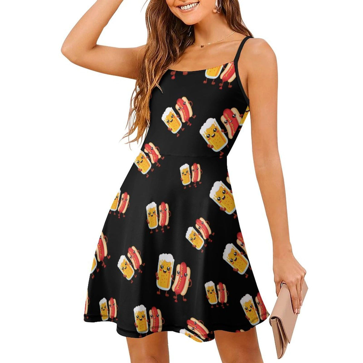 Robe longue maxi à bretelles pour femme, ornée de motifs de bière et de hot-dogs.